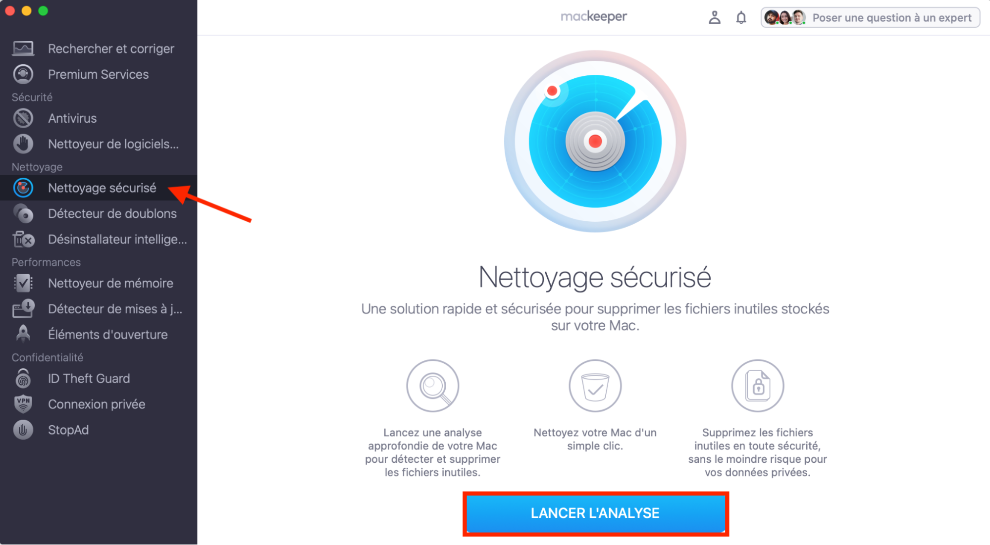 Pour supprimer des fichiers en toute sécurité sur votre Mac, ouvrez MacKeeper et allez dans Nettoyage sécurisé. Ici, vous pouvez lancer une analyse et rechercher les fichiers à supprimer