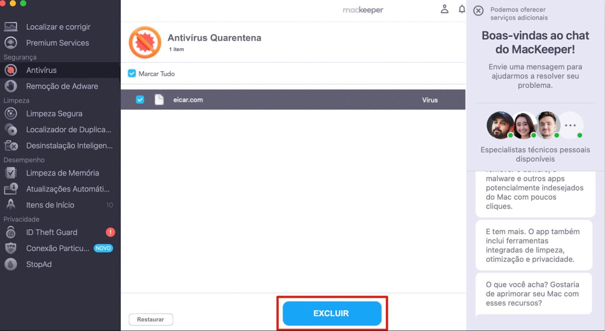 A ferramenta Antivírus no MacKeeper para Mac. Após reiniciar, clique em Excluir para remover todos os vestígios de malware que o MacKeeper encontrou no seu computador.
