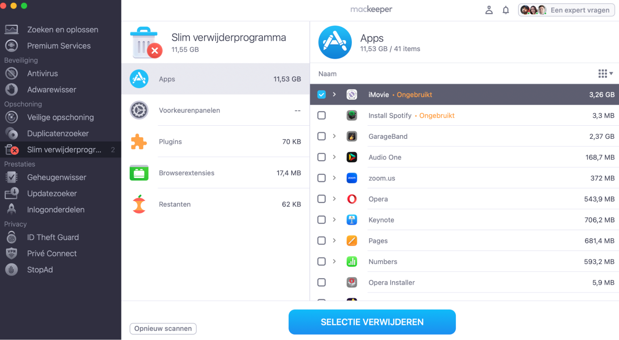 De MacKeeper-app toont het Slim Verwijderprogramma, waarmee je overbodige apps, widgets en meer kunt verwijderen.