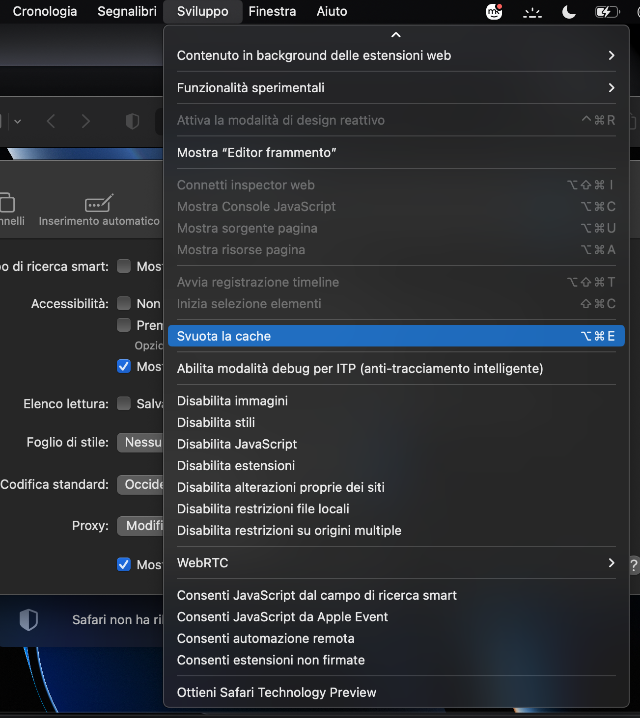 Infine, per svuotare la cache in Safari su Mac, nella scheda Sviluppo delle impostazioni del browser, trova e seleziona Svuota cache.