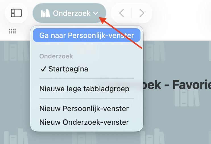 De knop ‘Profielen’ in de Safari-werkbalk. Selecteer een ander gebruikersprofiel om daarnaar over te schakelen.