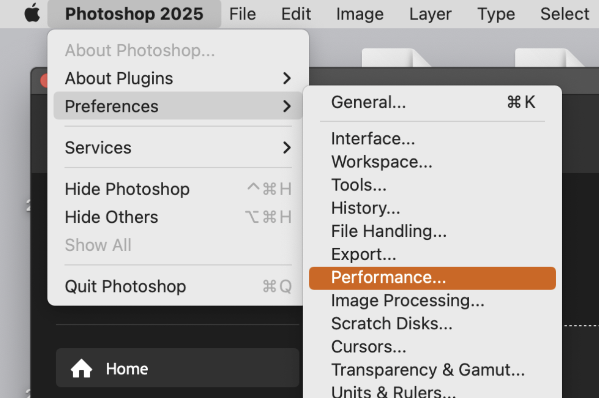 It's a good idea to check the number of History States on Photoshop, as the default might be 50 but your Mac could be saving up to 1,000. To reduce your History States, first go to Performance Preference. 
