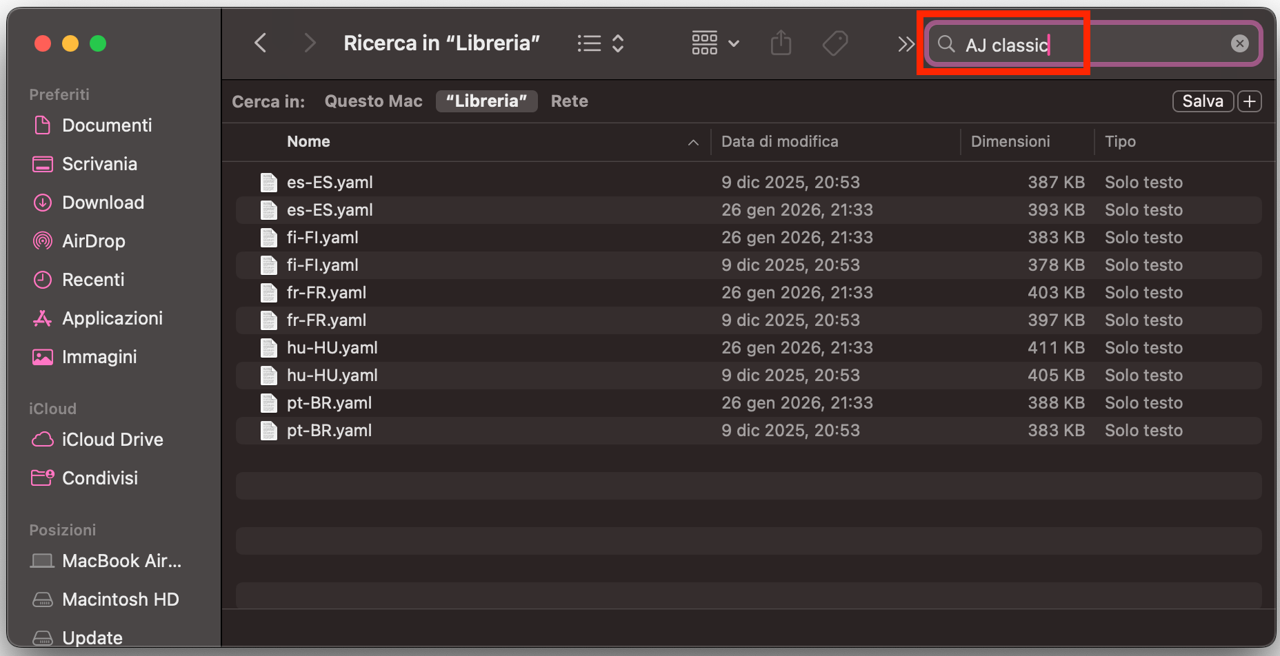 Ricerca nella cartella Libreria in corso: in alto a destra si vede il campo di ricerca dove digitare il nome dell’app.