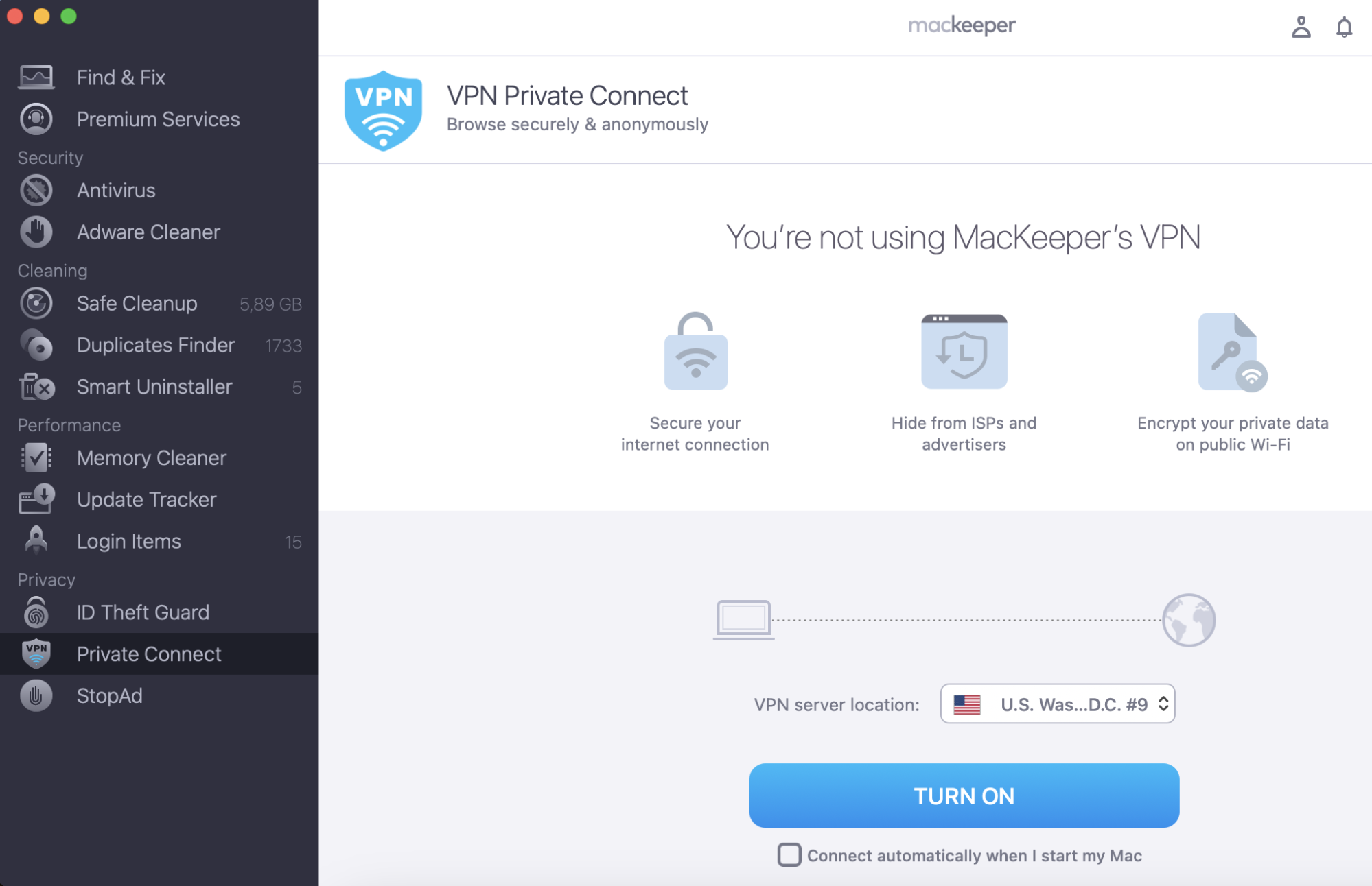 To enable the VPN on your Mac, launch MacKeeper and select Private Connect from the list on the left. Choose your preferred server location and click Turn On.