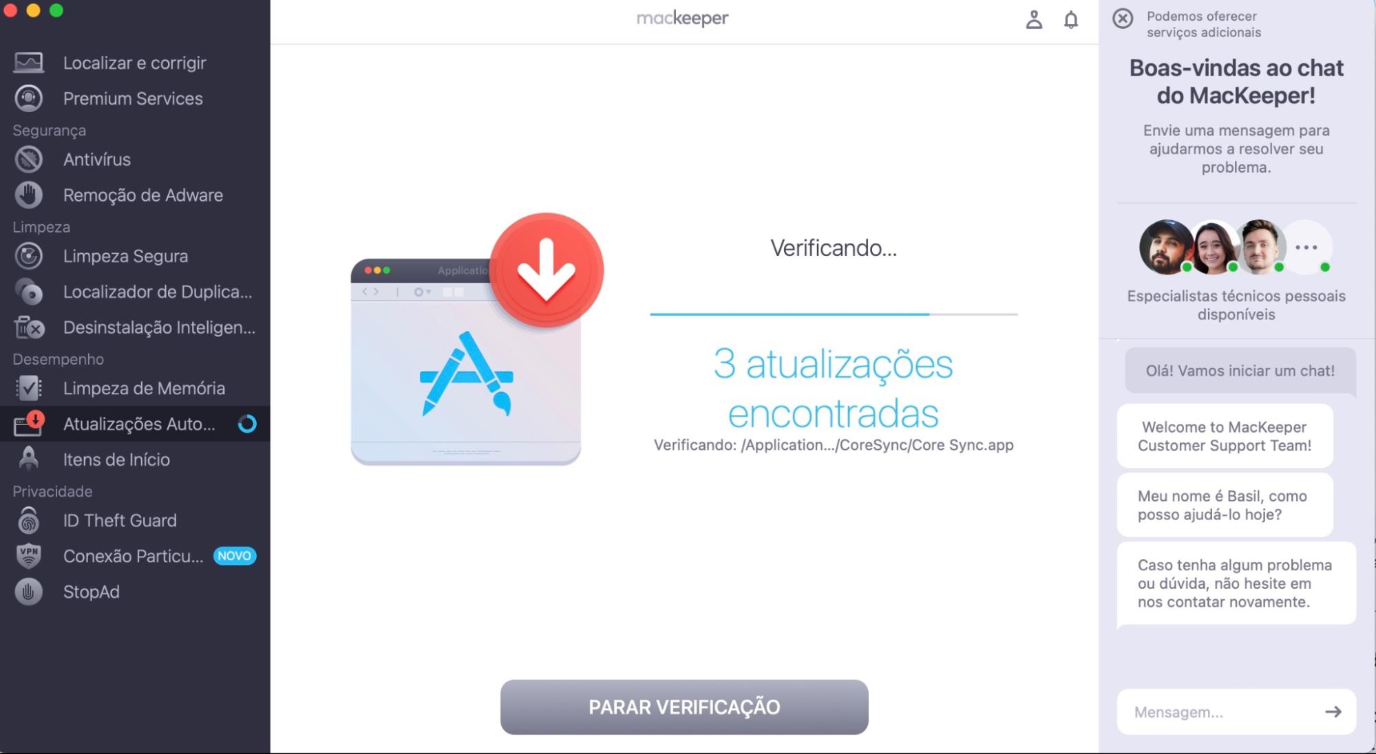 A nova janela das Atualizações Automáticas mostra o processo de verificação no aplicativo MacKeeper, indicando ao usuário quais atualizações de software são necessárias.
