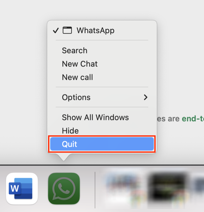 To remove the WhatsApp app from your Mac, close the app by right-clicking on it and selecting Quit or Force Quit.