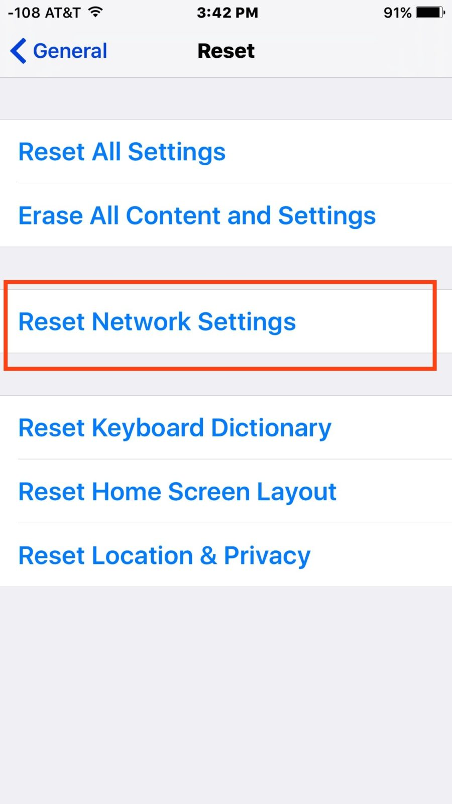You should be looking at Reset settings on your iPhone. All you have to do now is select the option to Reset Network Settings.