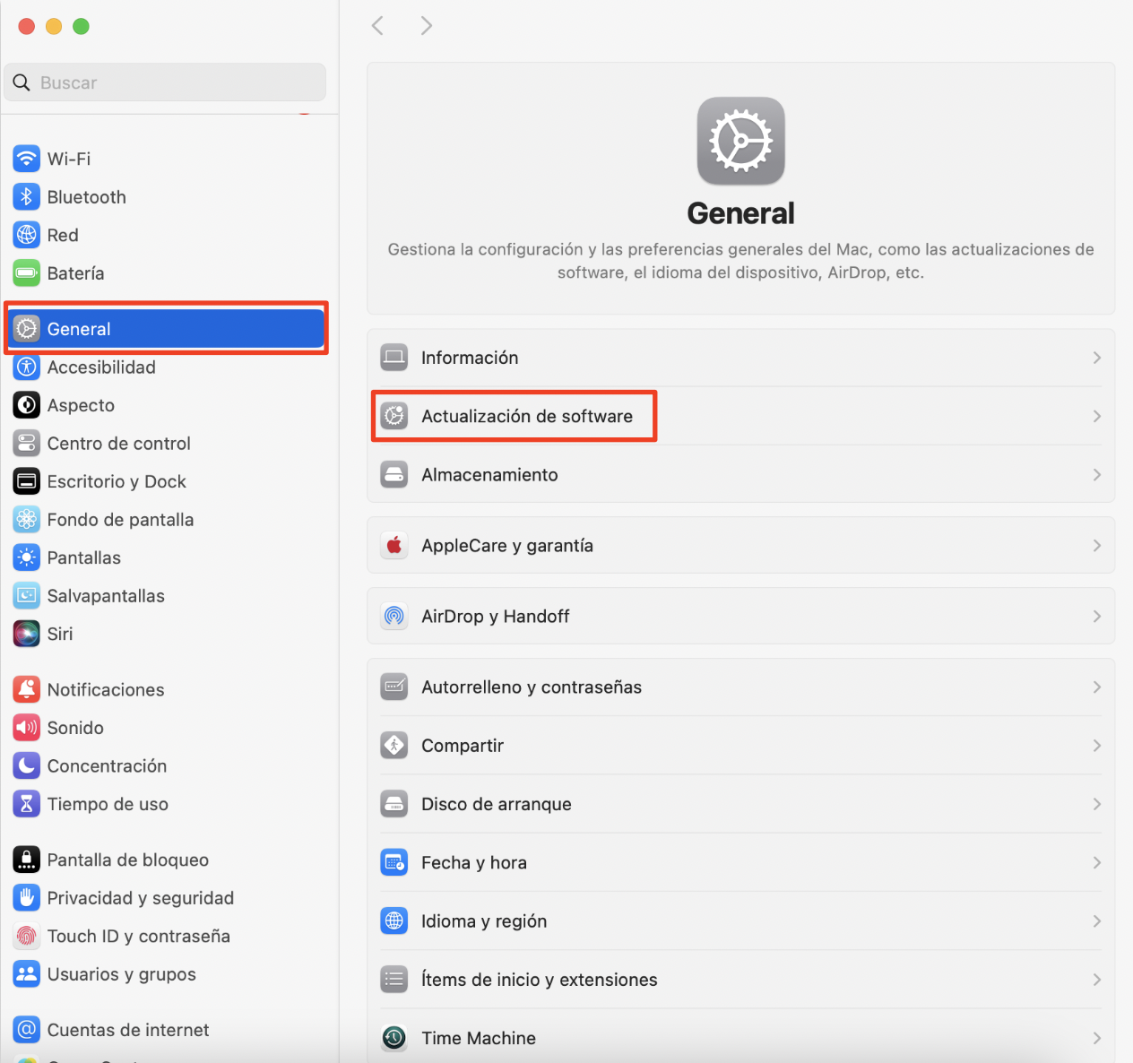 Para actualizar macOS, como otro método de solución de problemas de la unidad flash, abra los Ajustes del sistema desde el menú Apple, desplácese hacia abajo hasta la pestaña General y seleccione la opción Actualización de software en la parte superior de la ventana que se abre.