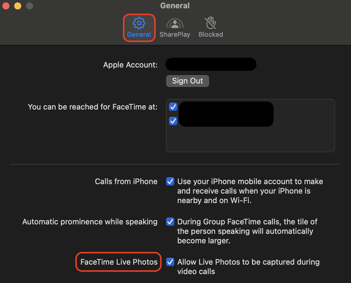 In the General tab, select the FaceTime Live Photos option to allow capturing live images during your active video calls.
