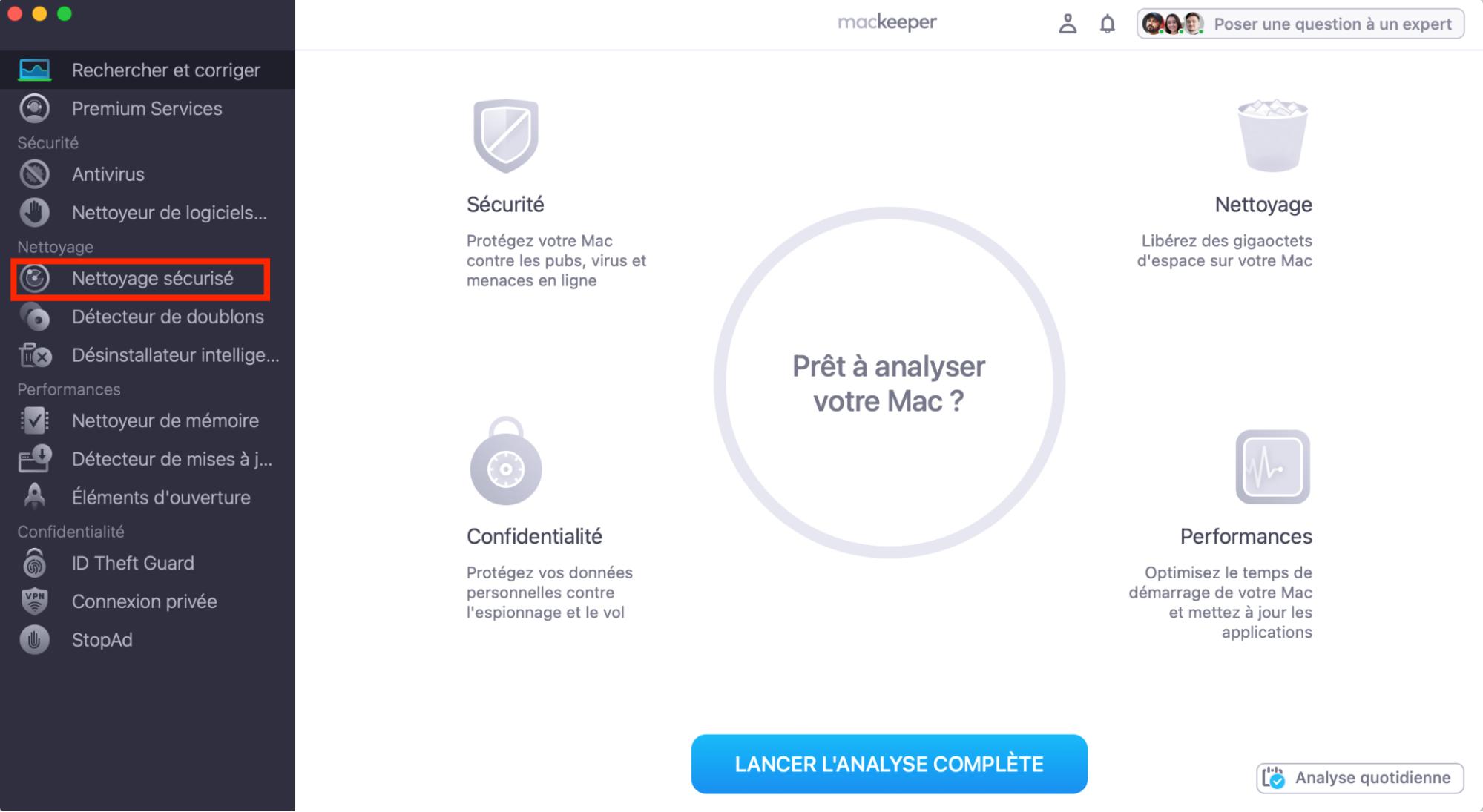 Pour libérer de l’espace sur votre Mac, utilisez le Nettoyage sécurisé de MacKeeper. Cela peut vous aider à résoudre le problème de stockage causé par iCloud Drive sur votre Mac.
