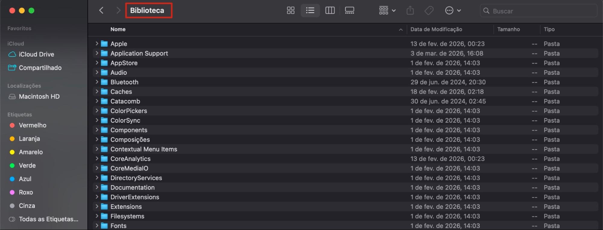 A pasta Biblioteca está aberta no Mac para mostrar a lista completa de pastas de aplicativos disponíveis no computador. Escolha a que você precisa para excluir os arquivos residuais do app.