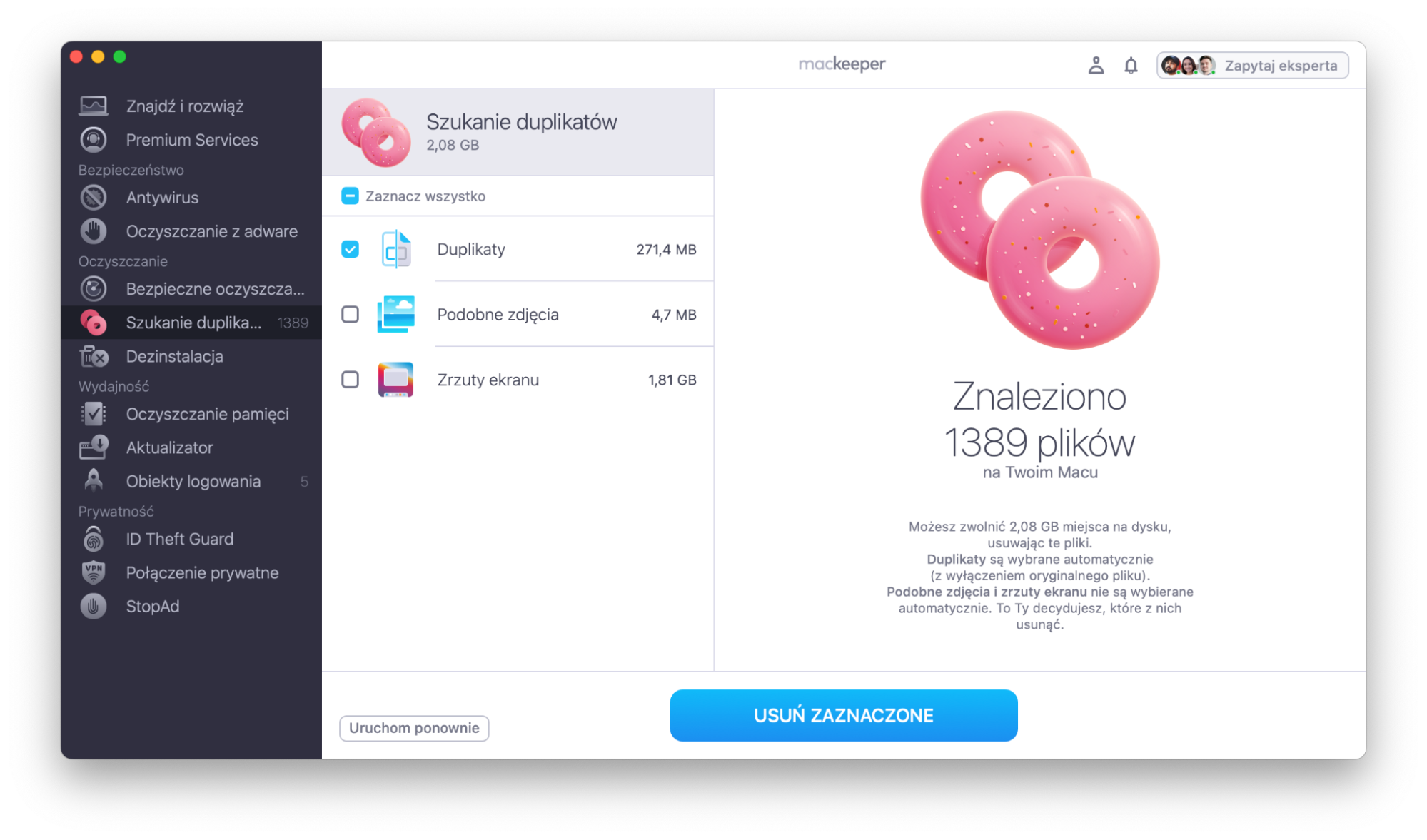 Narzędzie Szukanie duplikatów w MacKeeper na Maca. Aby zwolnić miejsce na dysku komputera, wybierz duplikaty, które chcesz usunąć, a następnie kliknij Usuń zaznaczone.