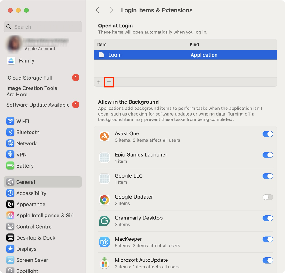 To disable login items from your Mac, select them and click the - icon to delete them.
