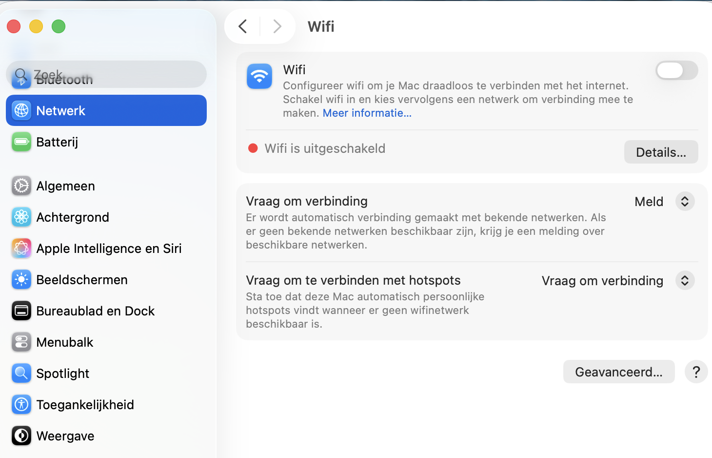 Het tabblad Netwerk, geopend vanuit Systeeminstellingen, stelt je in staat om je wifi-instellingen te configureren of aan te passen.