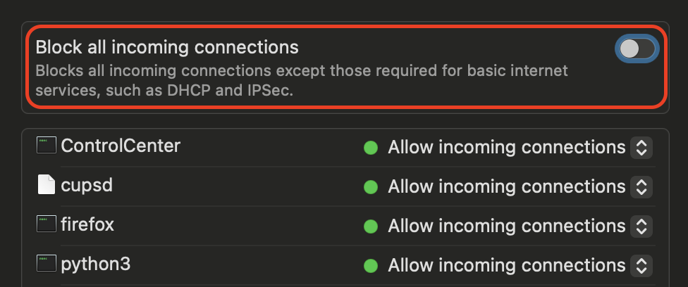 In the Firewall Options window, uncheck the box for Block all incoming connections and click OK to allow necessary network traffic.