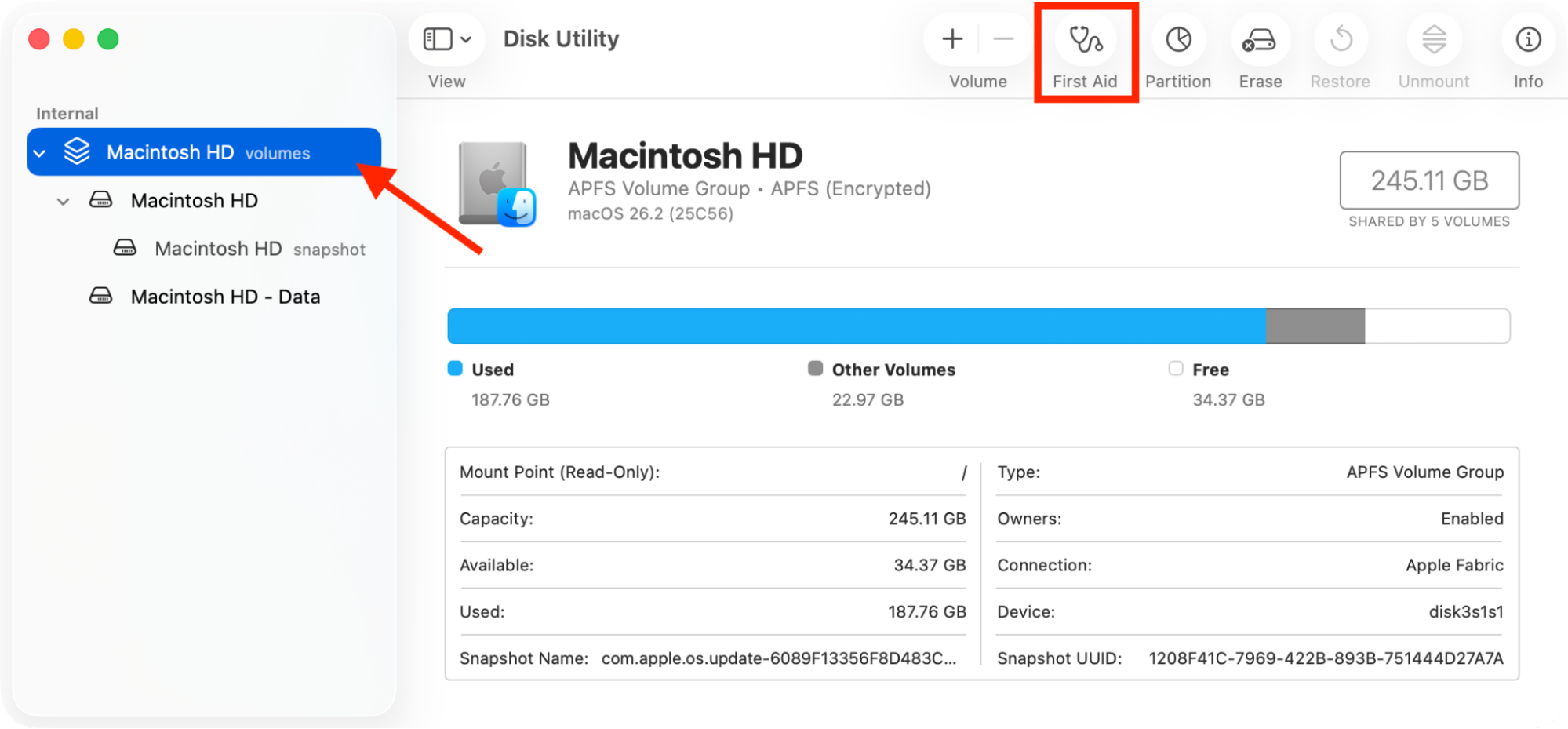 The First Aid feature in Disk Utility on Mac. Run First Aid on your drive to fix potentially corrupt files when you can't open them.