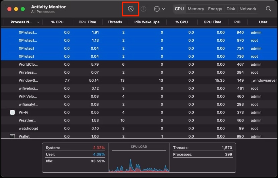 To quit XprotectService background processes on Mac, select them and click the X icon.