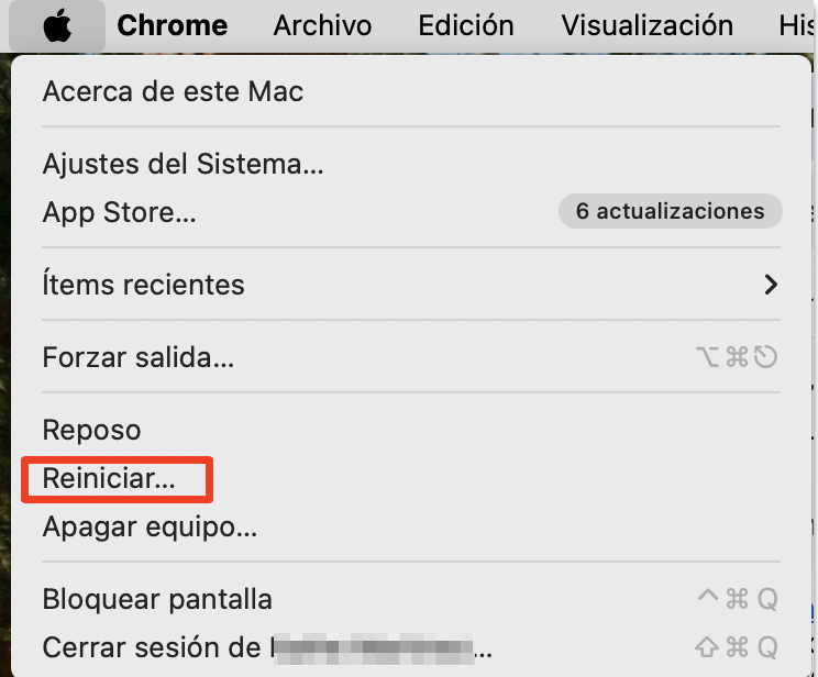 Si no puedes vaciar la papelera en tu Mac, empieza por reiniciar tu Mac. Ve a Logo de Apple > Ajustes del Sistema para iniciar el proceso.