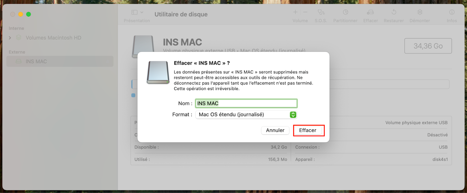 Pour parvenir à effectuer le formatage, vous aurez besoin d'utiliser la fonction Effacer dans la fenêtre de dialogue qui s'affiche.