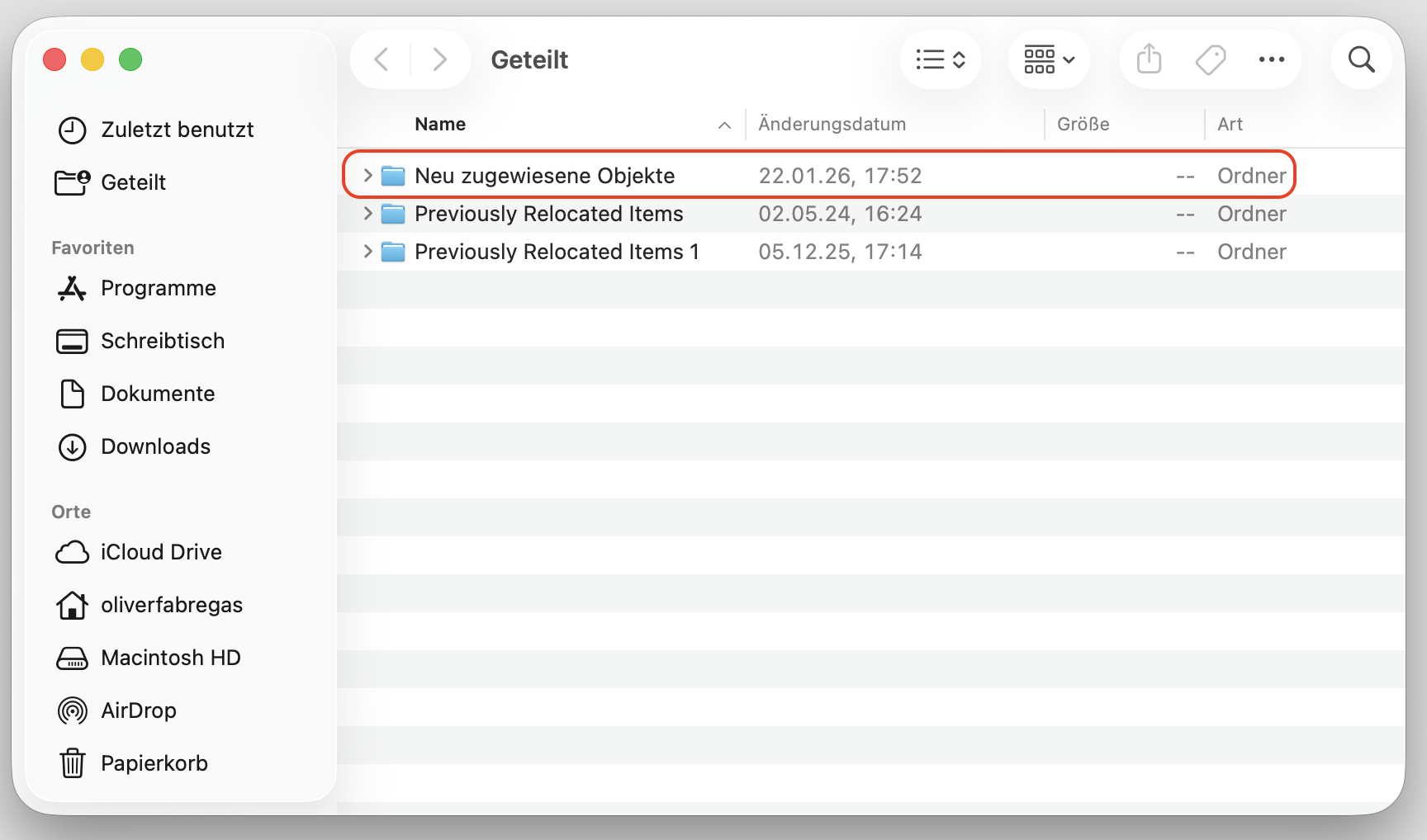 Wenn ein Ordner für verschobene Objekte vorhanden ist, befindet er sich hier im freigegebenen Verzeichnis (Shared Directory), auf das Sie mittels Doppelklick zugreifen können.