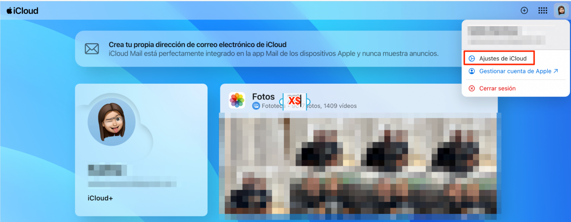 Hay otra forma de recuperar los iconos perdidos del escritorio del Mac utilizando iCloud Drive. Inicia sesión en icloud.com con tu ID de Apple en tu Mac. Haz clic en el icono de tu perfil en la esquina superior derecha de la pantalla y selecciona Ajustes de iCloud.