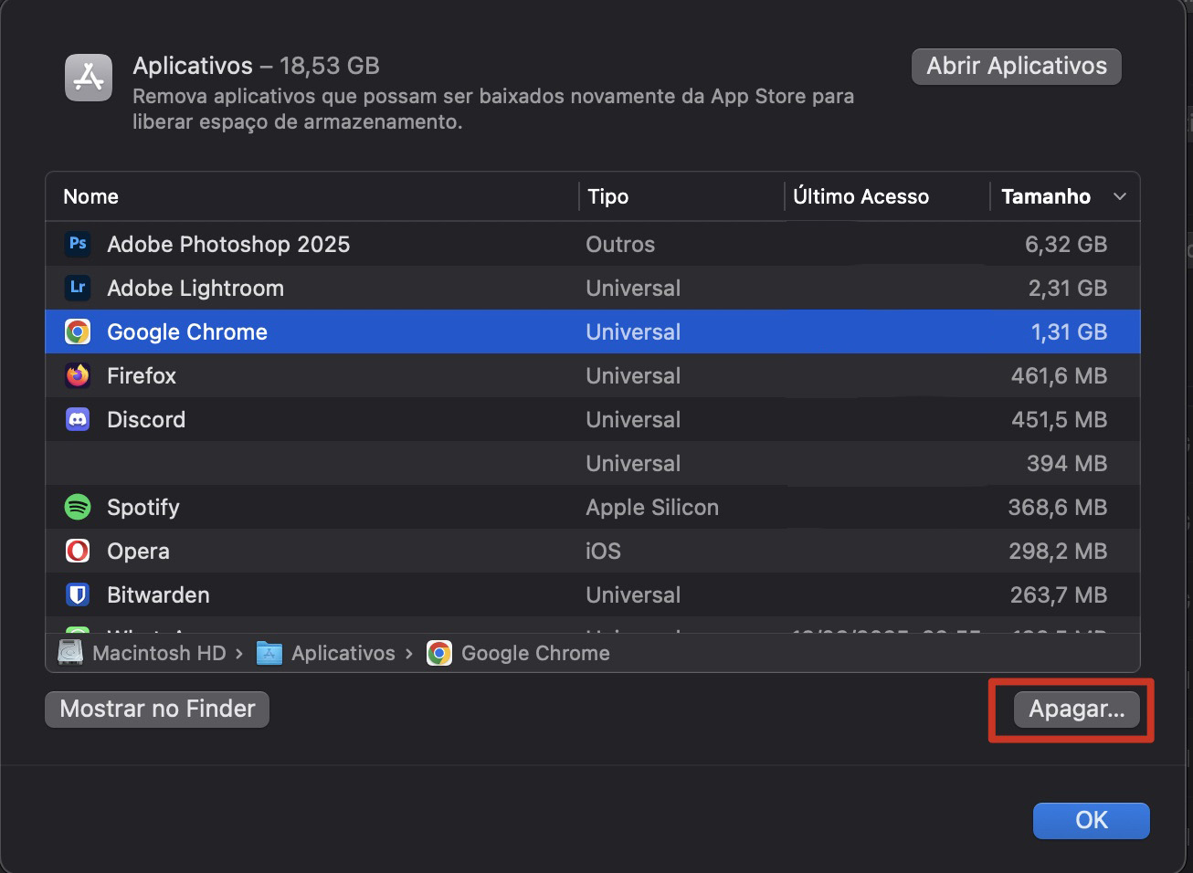 Quando seu Mac mostrar os diferentes arquivos e pastas para exclusão, escolha o que deseja apagar e toque no botão Apagar. Você pode escolher quais apps consomem mais espaço.
