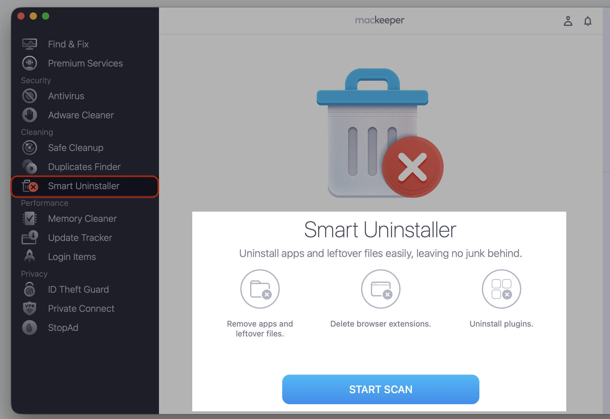 The Smart Uninstaller screen in MacKeeper on a MacBook, where clicking Start Scan begins the automatic ChatGPT Atlas removal.