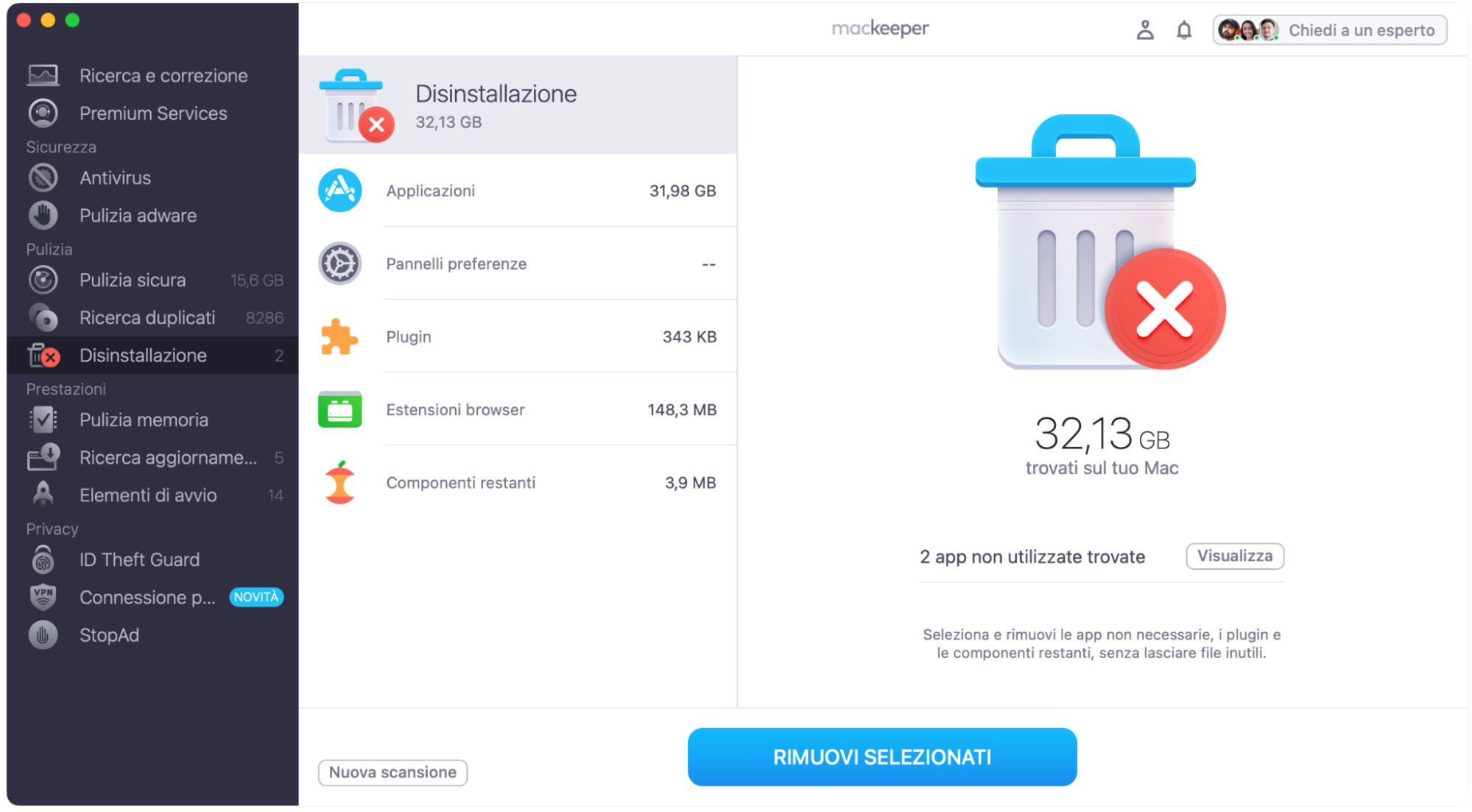 Per trovare ed eliminare file su Mac in pochi clic, avvia MacKeeper e seleziona Disinstallazione dal menu laterale sinistro. Fai clic sul pulsante Avvia scansione in basso al centro per iniziare il processo.