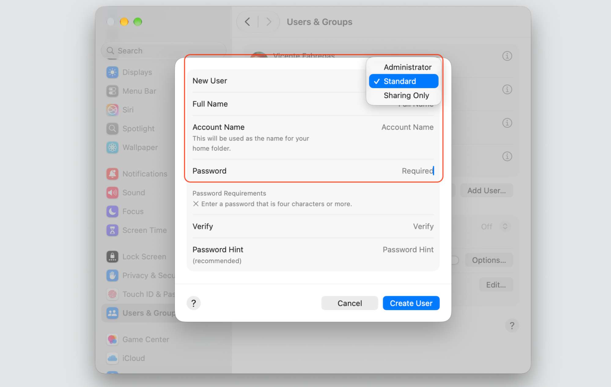 New User dialog in macOS Users & Groups with the Account Type menu open on Standard, plus Full Name, Password, and Create User button.