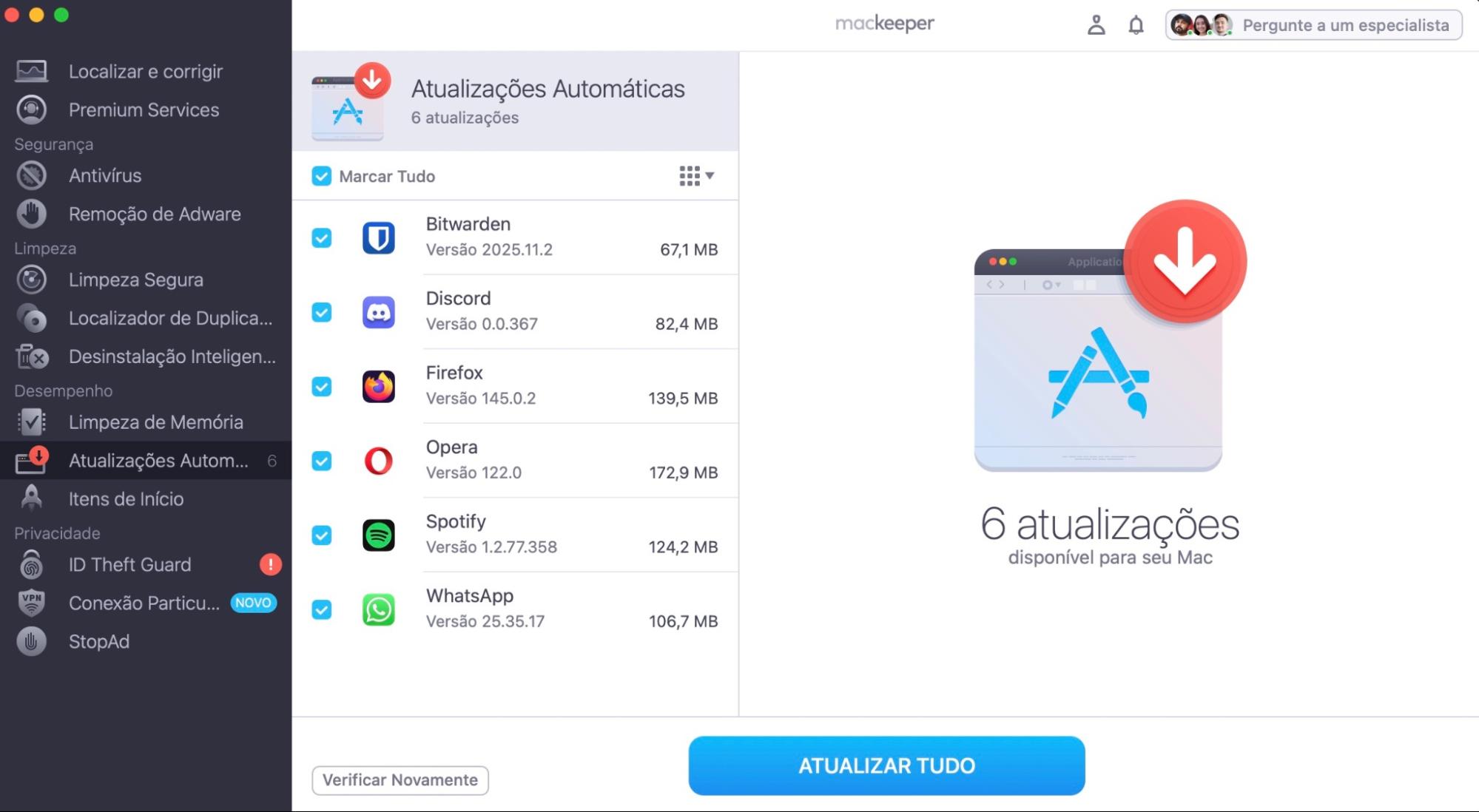 Consulte a lista de atualizações recomendadas e selecione os aplicativos que deseja atualizar, clique no botão Atualizar ou Atualizar Tudo.