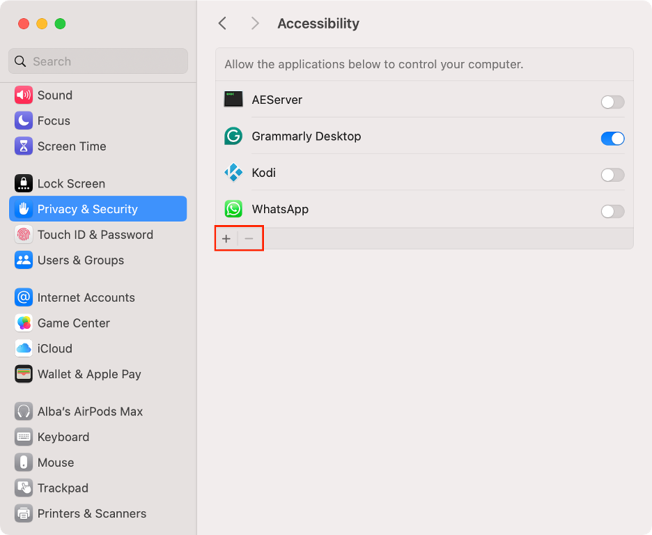 To reset the app’s permissions, use the - icon to delete the app from the list and then re-add it using the + button.