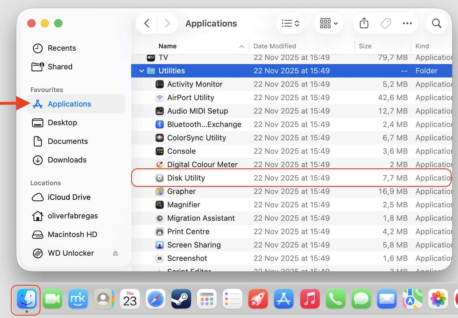 Finder Applications and Utilities folder on macOS Ventura with Disk Utility highlighted to format an external drive on Mac.