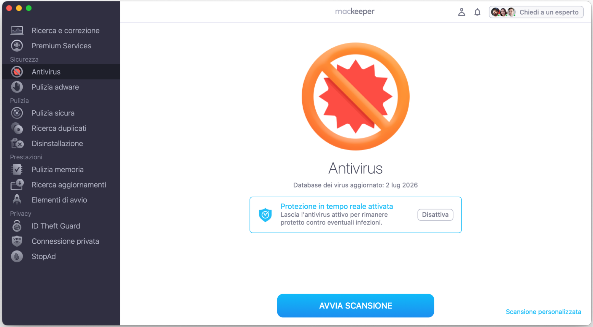 Per proteggere il tuo Mac dalle minacce, usa l'Antivirus di MacKeeper. Avvia l'app e vai su Antivirus nel menu a sinistra. Clicca su Avvia scansione per controllare il dispositivo.