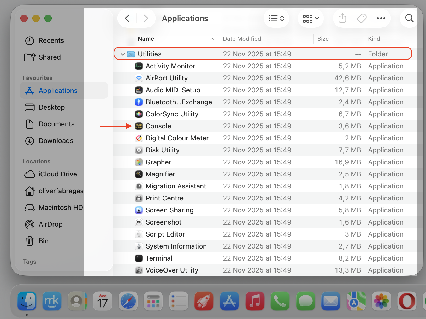 macOS Finder showing the expanded Utilities folder with the Console app selected to review ReportCrash high CPU crash reports.