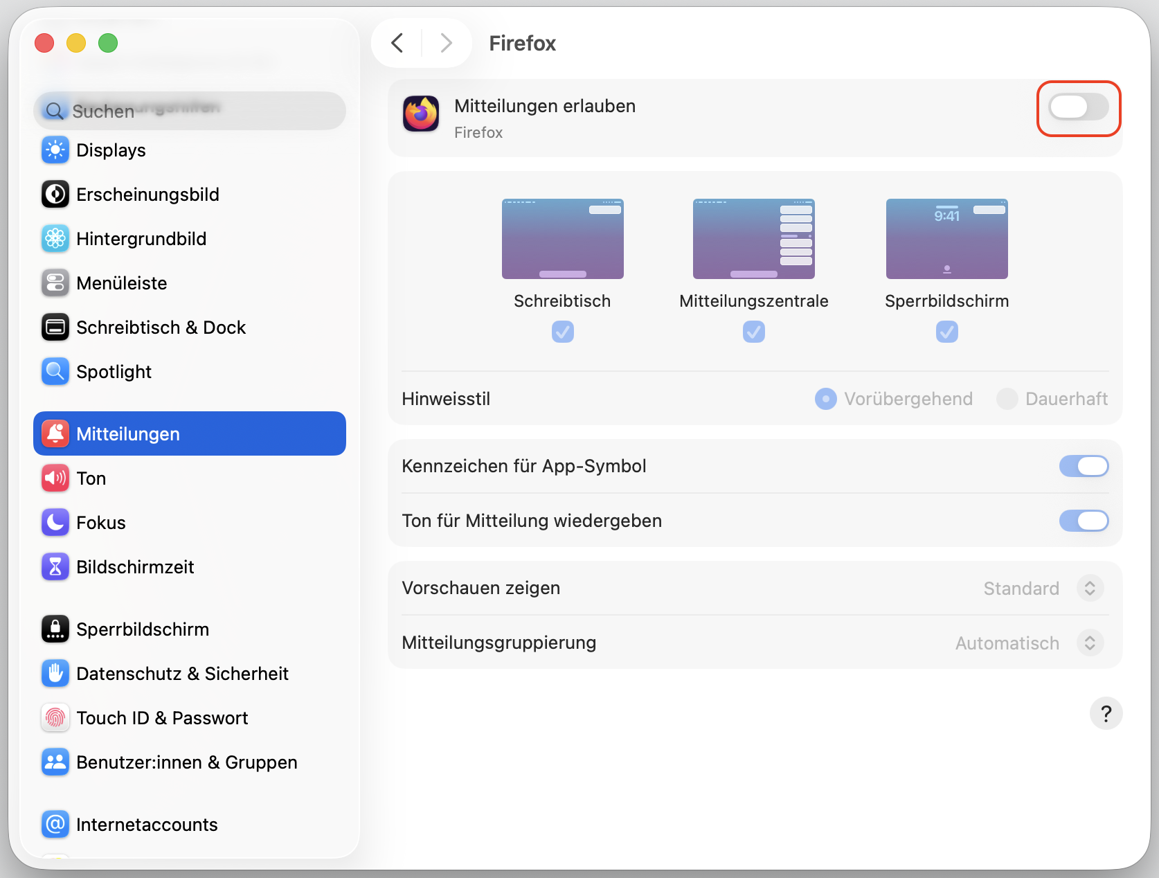 Benachrichtigungseinstellungen von Apple mit Optionen für Firefox. So deaktivieren Sie McAfee-Benachrichtigungen auf dem Mac, Teil der FAQ zu gefälschten McAfee-Pop-ups auf dem Mac.