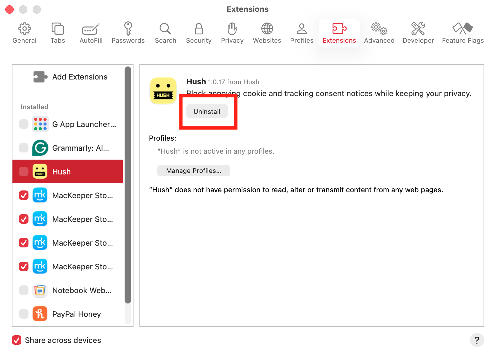 Sometimes third-party extensions can cause issues with video playback on your Mac. In Safari, go to the settings, then in the Extensions section, find an extension and click the 'Uninstall' button.