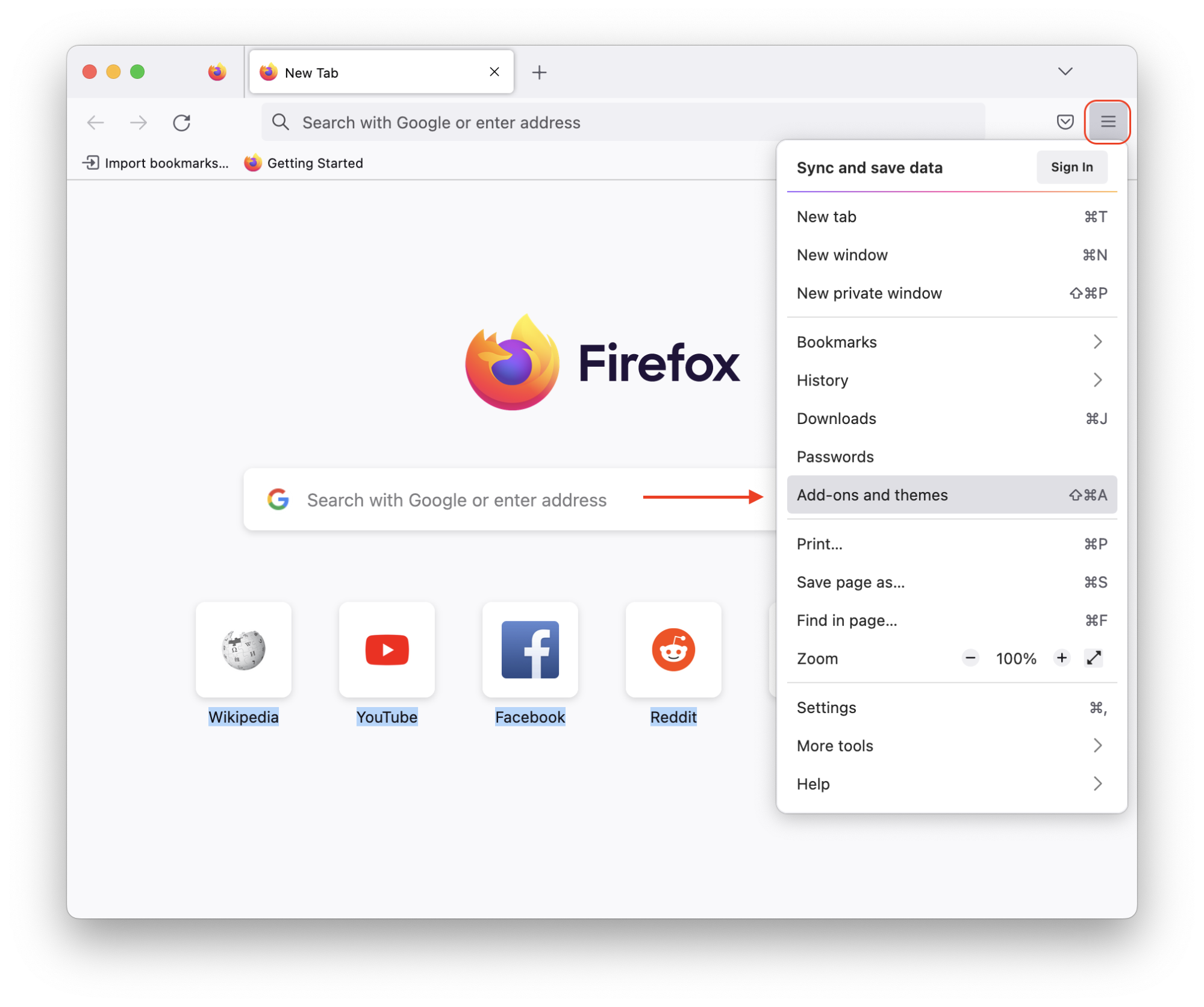 To remove the DuckDuckGo extension from Firefox, open Chrome settings via the hamburger menu. Select Add-ons and themes.