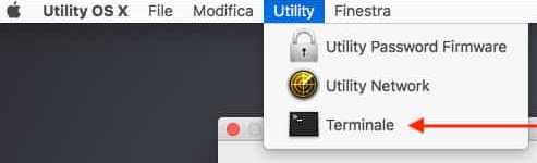 Il menu Utility in modalità di recupero su Mac. Apri Terminale per riparare i permessi del disco usando il comando sudo diskutil resetUserPermissions / `id -u`.