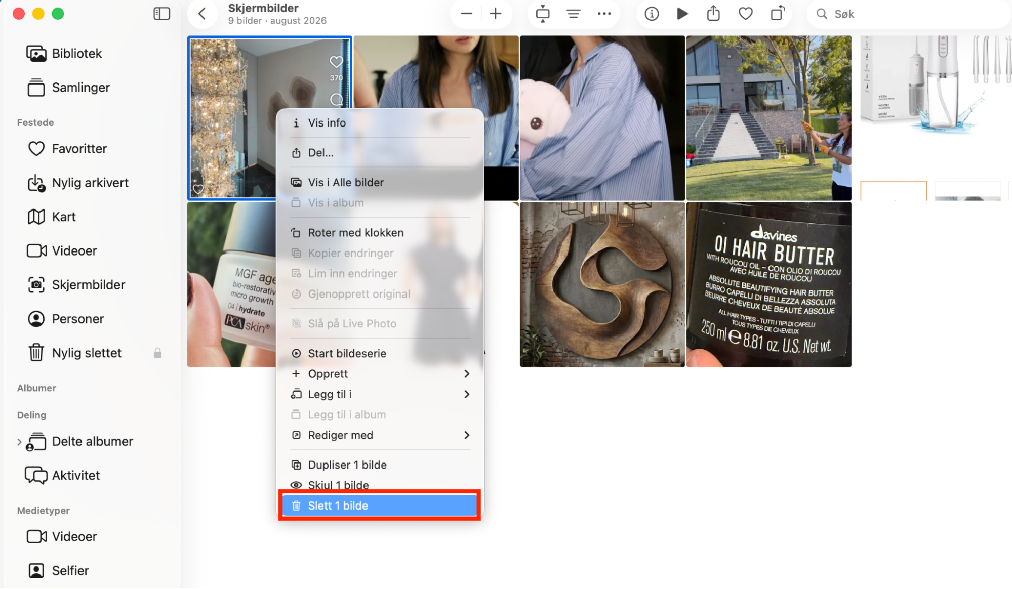 En hurtigmeny som vises etter at du har høyreklikket på et element i Bilder på Mac. Du kan bruke slett-alternativet til å fjerne gamle bilder og videoer du ikke vil ha, for å frigjøre plass på Mac.