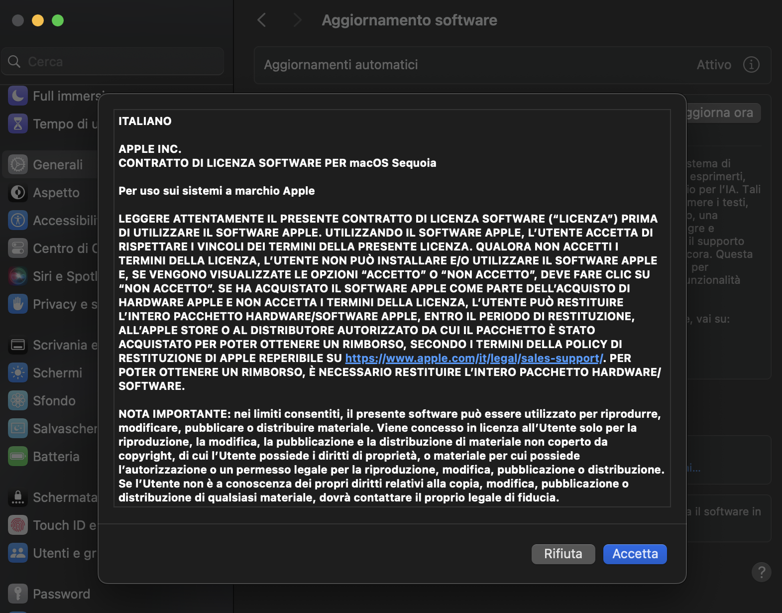 Se vedi aggiornamenti, clicca su Aggiorna ora, quindi accetta i termini e le condizioni. Segui le istruzioni sullo schermo per aggiornare macOS.