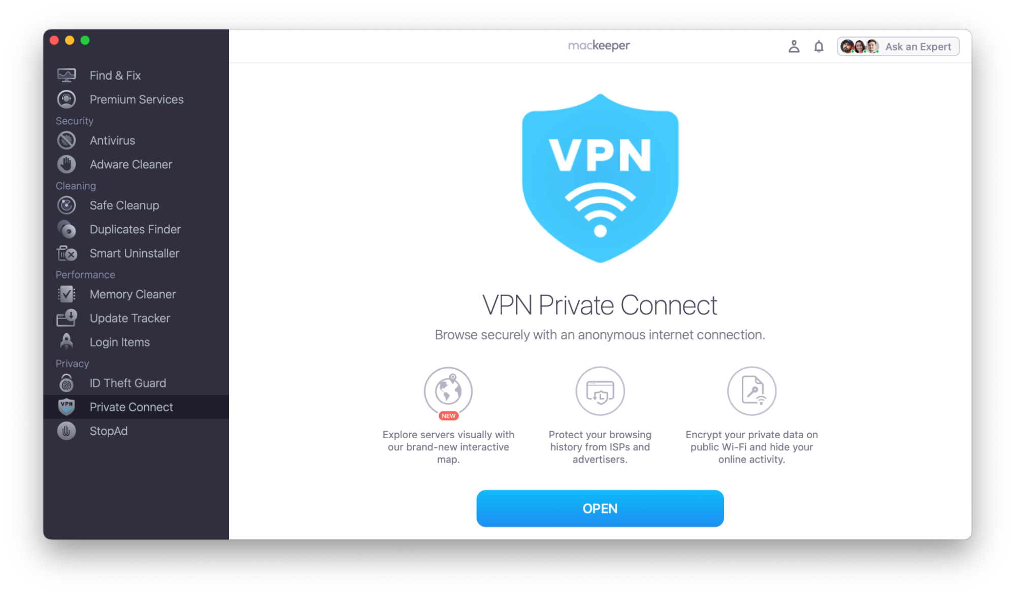 To securely connect to the private network on your Mac, open the MacKeeper app, choose VPN Private Connect on the left, and click Open.