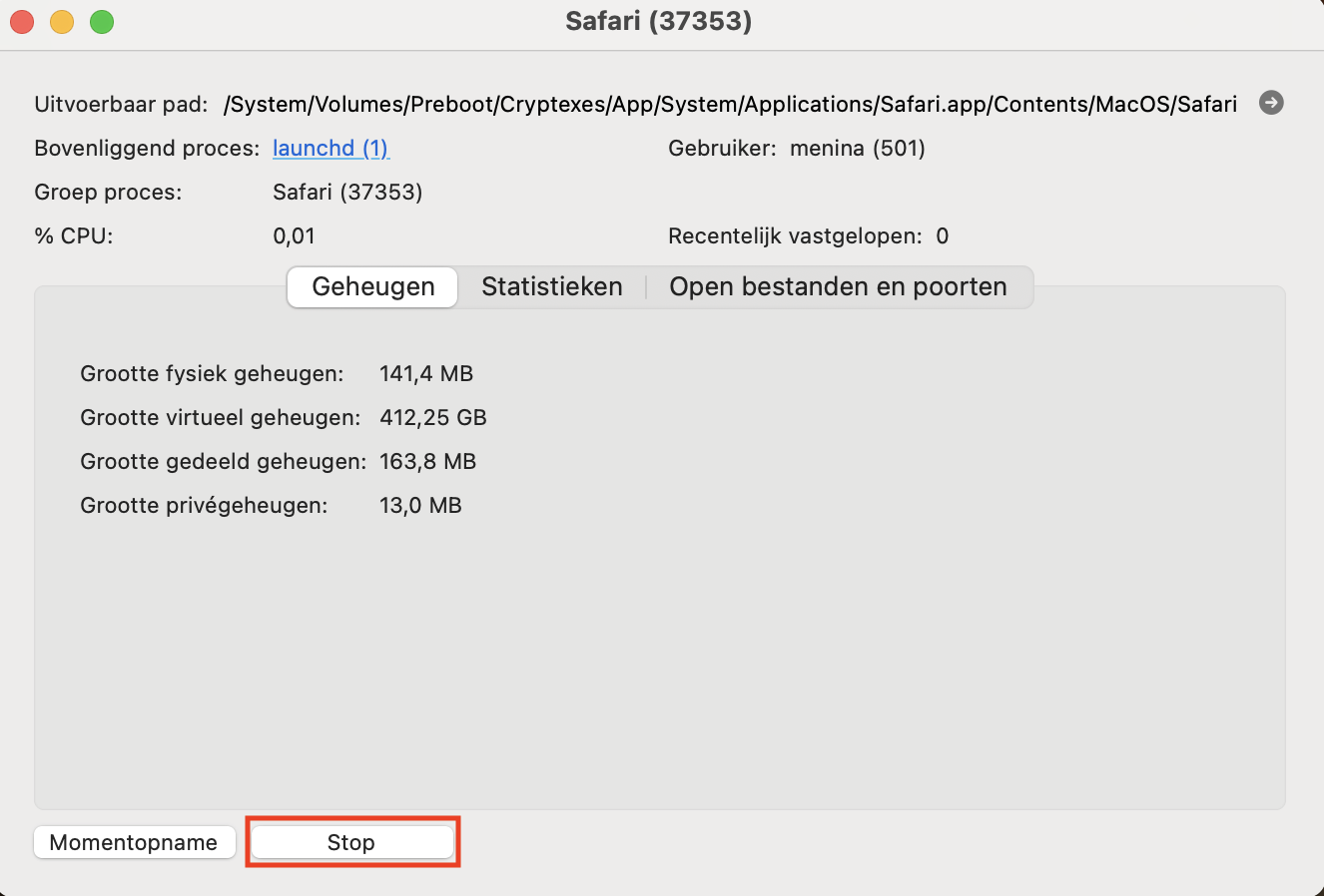 Dit is de laatste stap om de app in Activiteitenweergave te stoppen: klik nogmaals op de knop Stop.