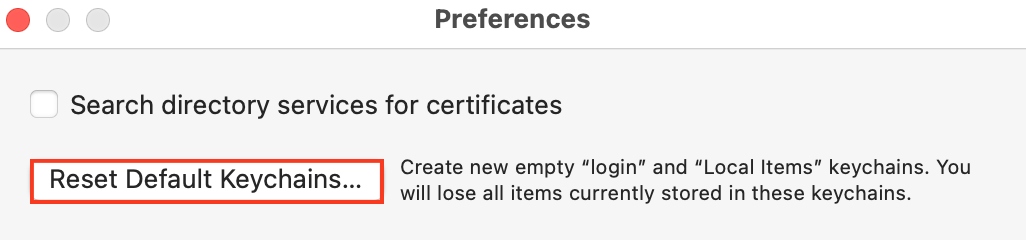 The Keychain Access utility is open in Mac’s Finder. Click on Reset Default Keychains if needed after changing admin password on Mac.