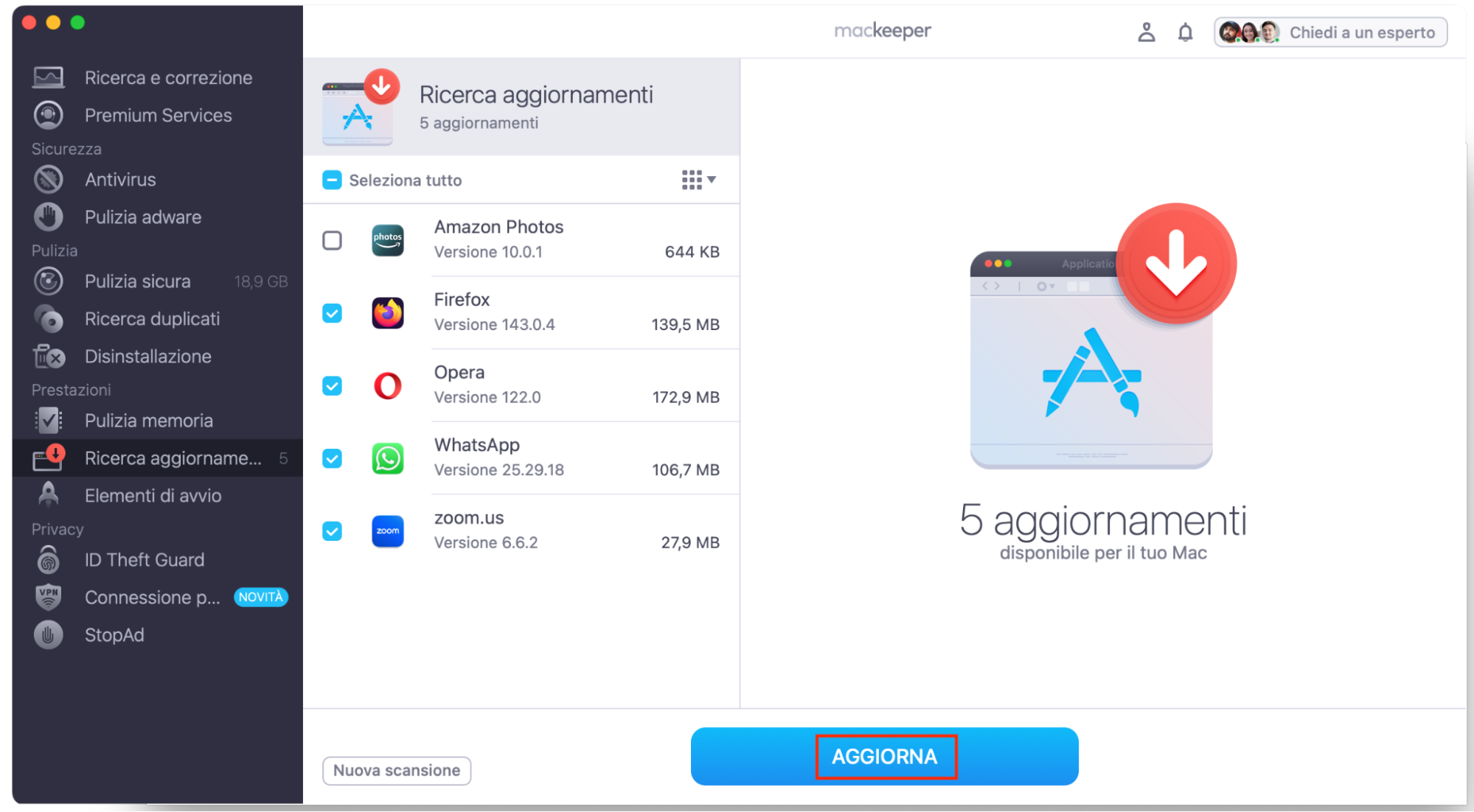 Dopo aver visualizzato i risultati della scansione di Ricerca Aggiornamenti in MacKeeper, seleziona le app da aggiornare e clicca su Aggiorna.