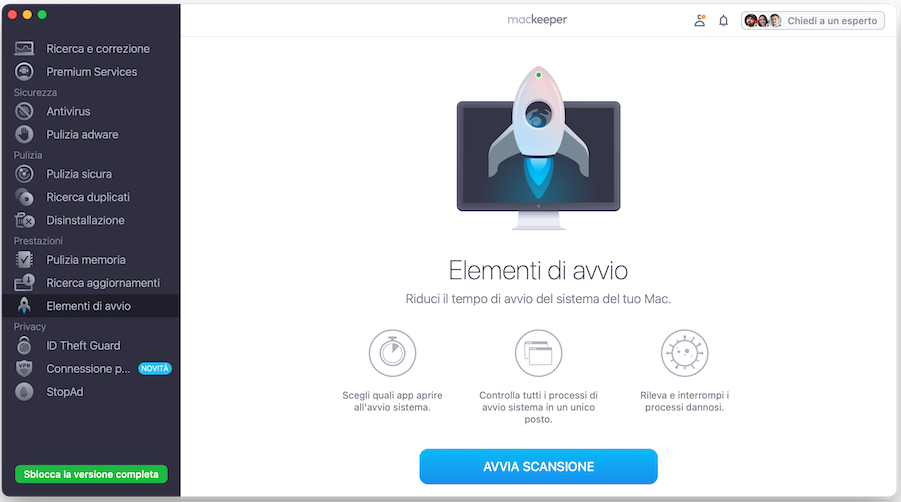 Una volta installata l’app sul tuo dispositivo Macintosh, aprila e seleziona la funzione Elementi di avvio dal menu a sinistra. Poi clicca su Avvia scansione.