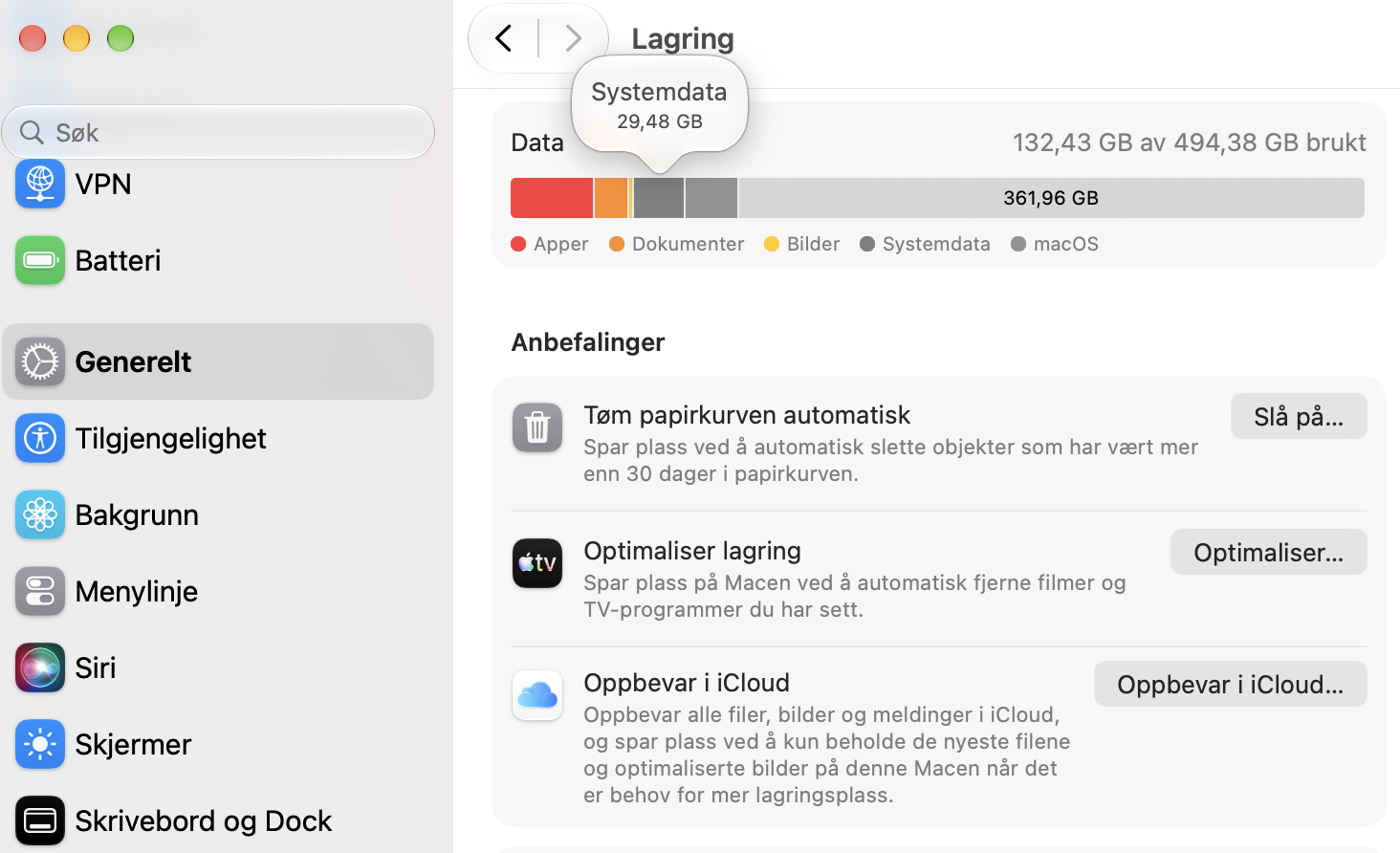 For å sjekke Annet-lagring, klikk på Apple-logoen > Om denne Macen og gå til Lagring. Herfra ser du et stolpediagram som representerer alle filer og data som er lagret på Macen din. Systemdata-delen er etiketten for Annet-lagring i macOS Monterey og eldre.