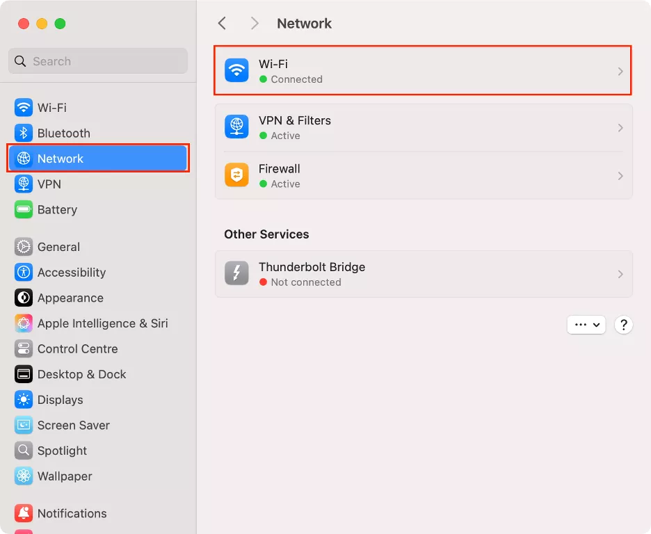 Switch to a different Internet connection. Open System Settings on your Mac and select Network from the sidebar. Next, choose the Wi-Fi option.