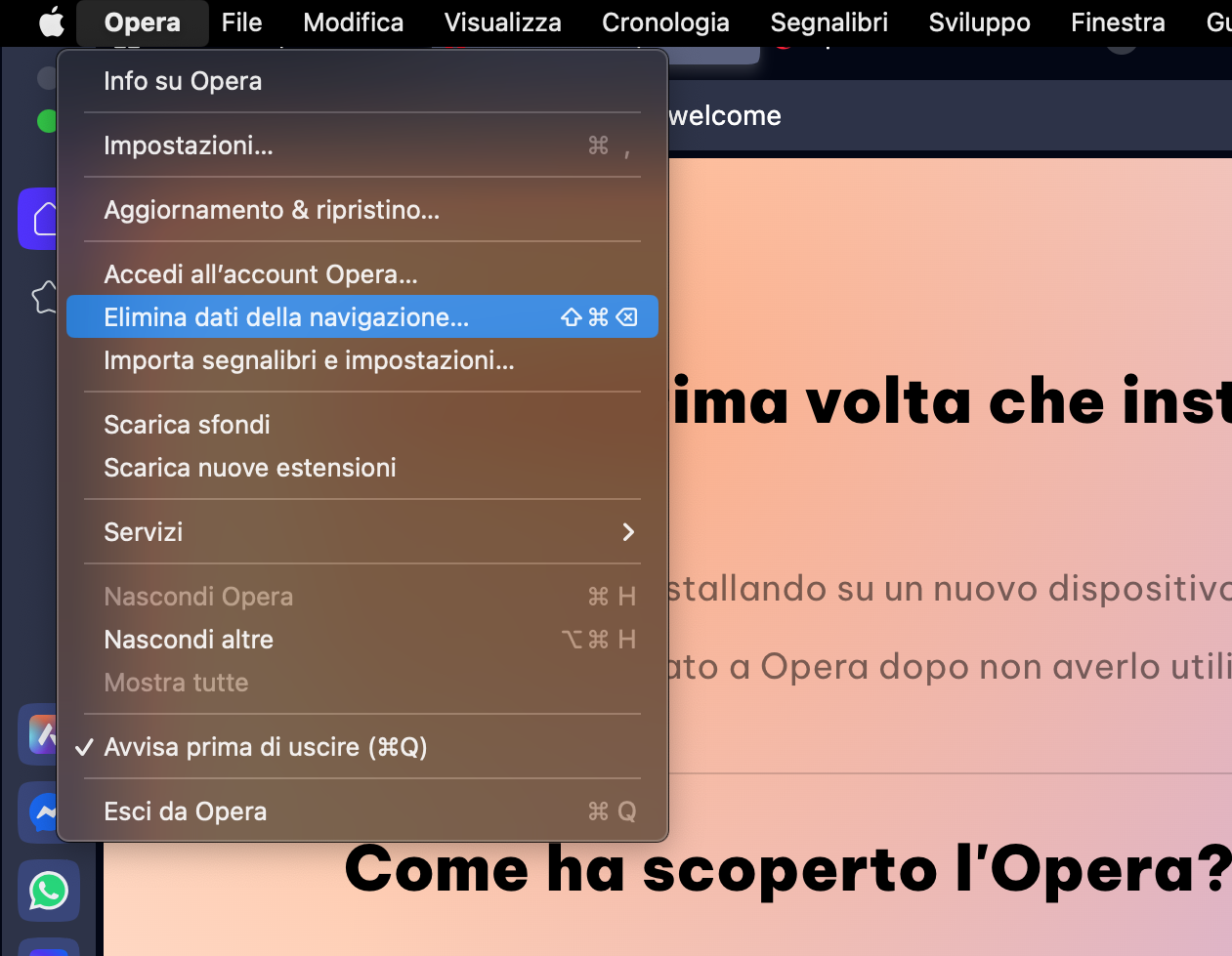 Il menu del browser Opera aperto su Mac mostra l'opzione Cancella dati di navigazione selezionata. Fai clic su Cancella dati di navigazione.