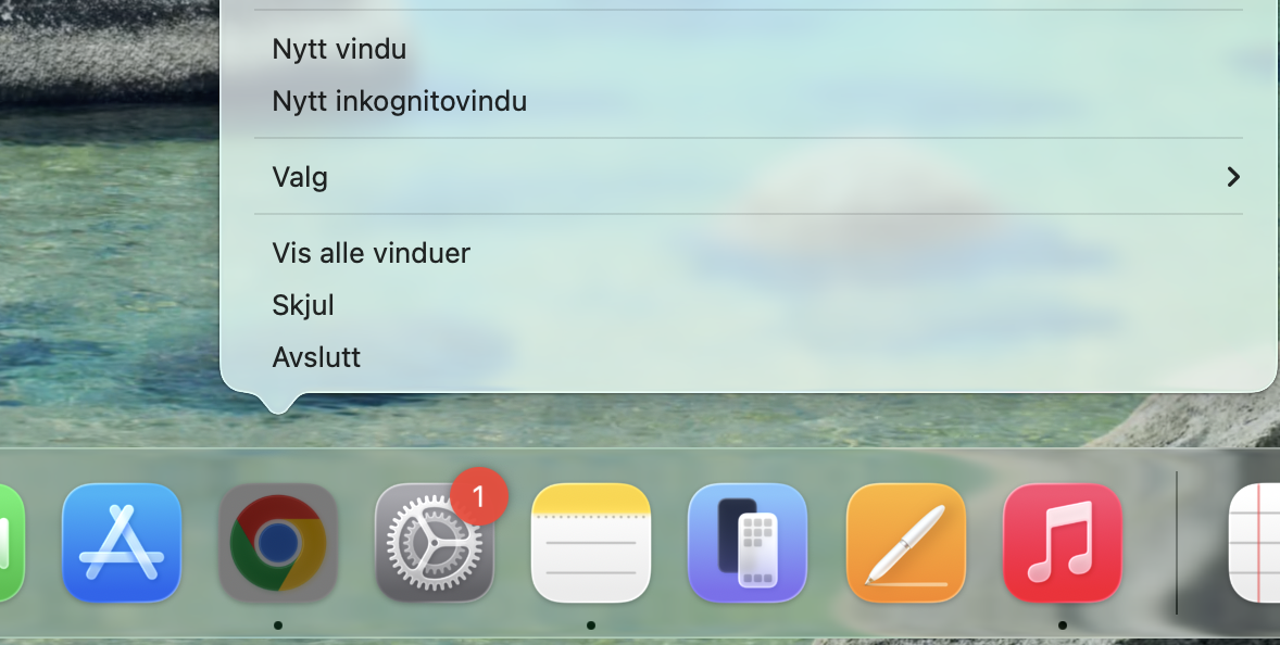 For å tvinge avslutning av en app via Dock, høyreklikk på ikonet til appen som ikke svarer i Dock, og klikk deretter på Tving avslutning.