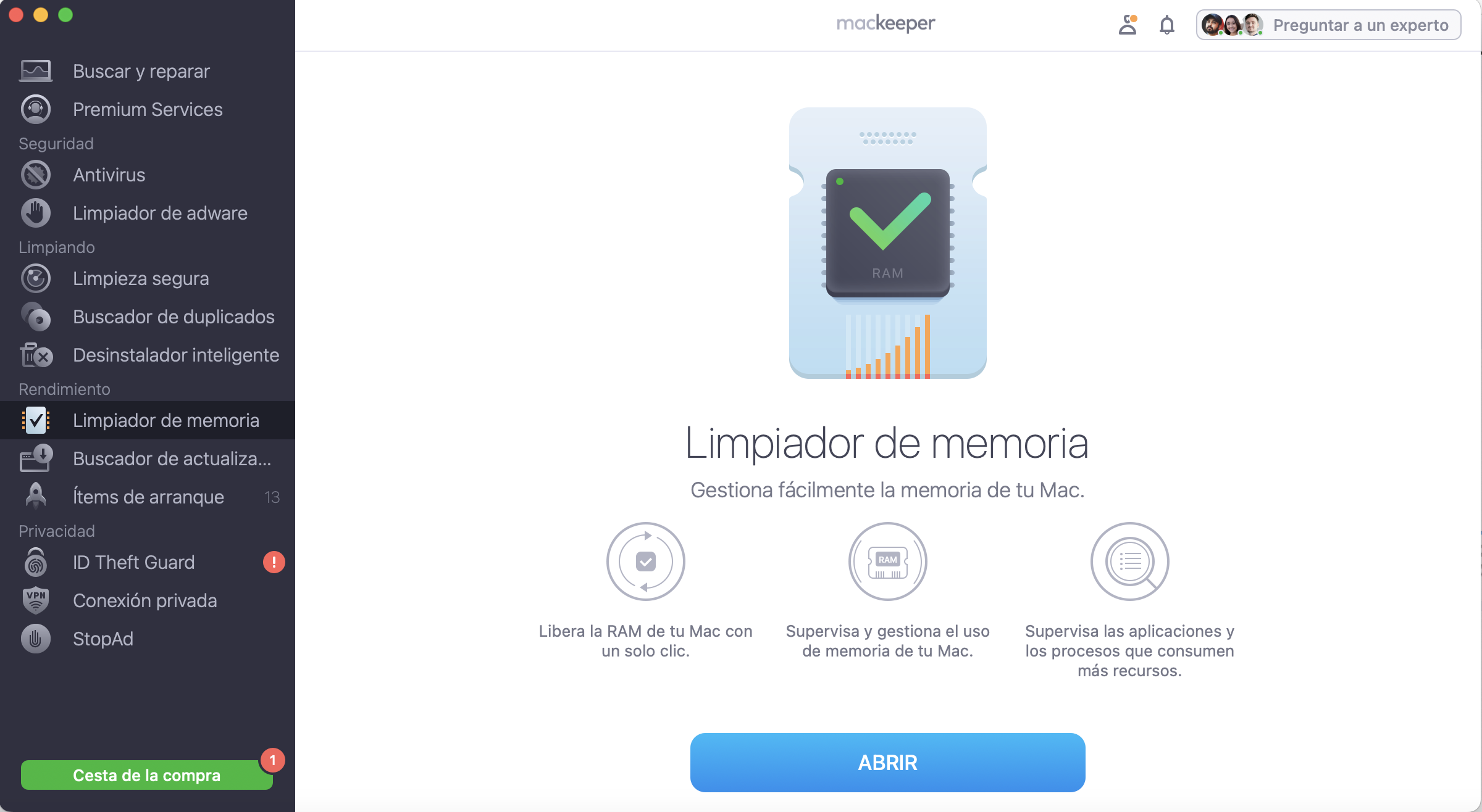 Para evitar muchos problemas relacionados con un Mac atascado, utiliza el Limpiador de Memoria de MacKeeper. Inicia MacKeeper y selecciona Limpiador de memoria, pulsa Abrir.